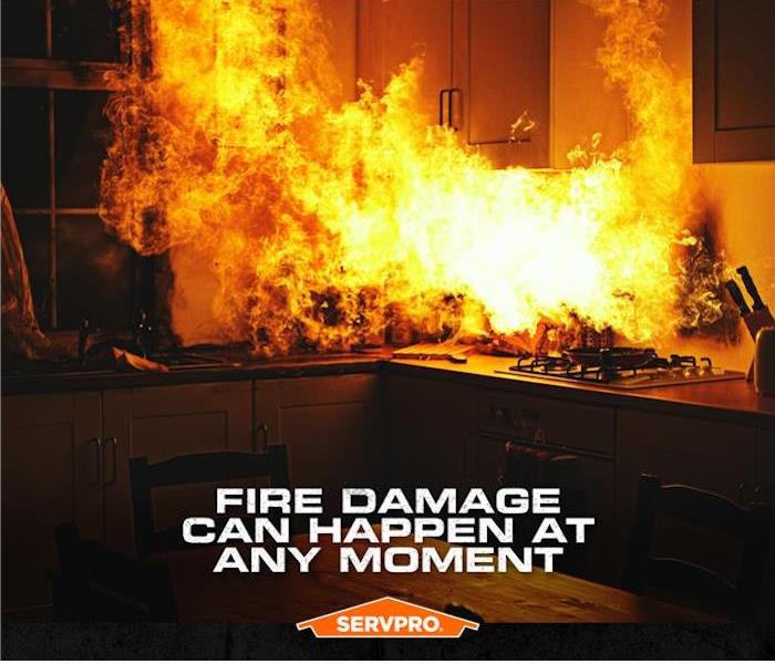 fire on a kitchen stove with the caption "fire damage can happen at any moment"